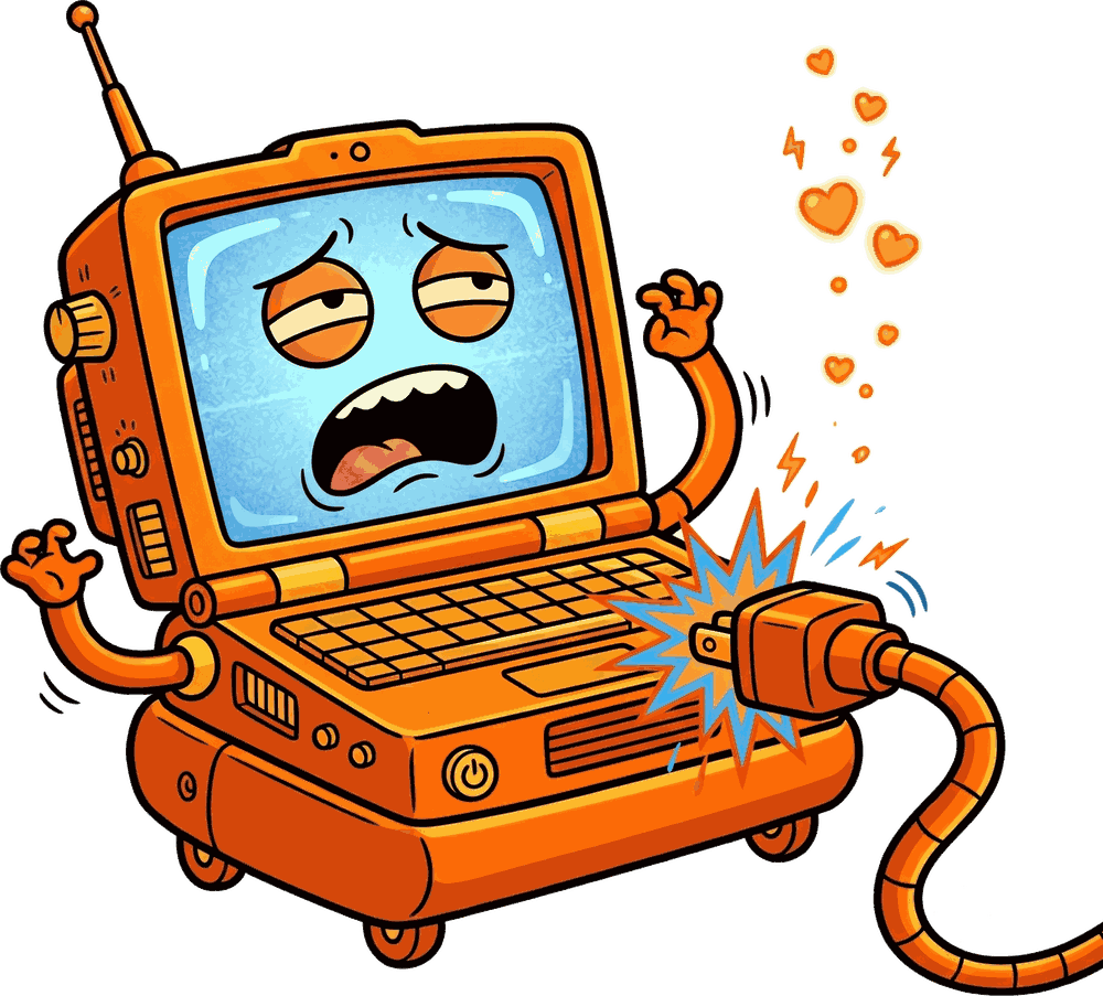 A cartoon laptop moaning as it's plugged in, with little hearts floating up